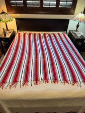 Handmade Crochet Afghan Blanket Red Gray Black White Striped Lap Throw 65x36