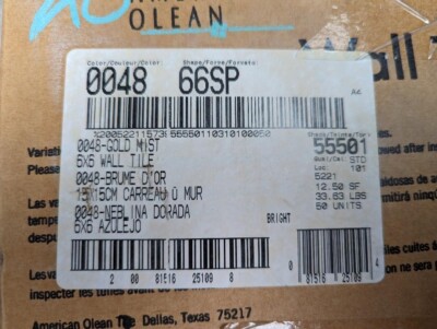 2 pcs American Olean Gloss Gold Mist #48 Flat Tile Newest version 6x6''