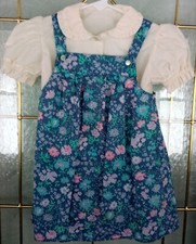 Vintage Girls Multi Color Floral Jumper and White Ruffled Blouse Set Size 2T