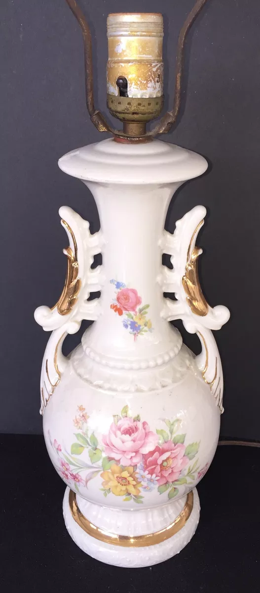 Vintage Ceramic Table Lamp Light With Flowers Off White Base 1950 s