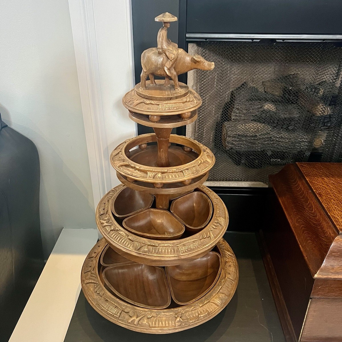 Hand Carved MCM 4-Tier Wooden Monkey Pod Lazy Susan 30.5