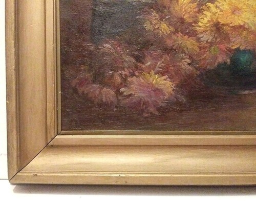 STUNNING ANTIQUE STILL LIFE DAHLIAS in VASE ORIG OIL on CANVAS MYSTERY ARTIST - Picture 8 of 10