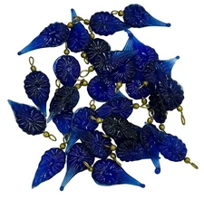 30 Vintage India Glass Cobalt Blue Leaf Pendants Beads Charms w/Brass Loop
