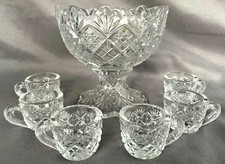 Miniature Westmoreland Punch Bowl and 6 Cups Clear Press Glass Signed