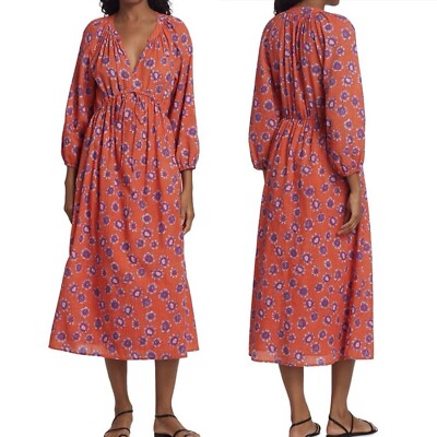 XIRENA Liv Floral Midi Dress Sz S Small Boho Orange Poppy Empire Waist Beach