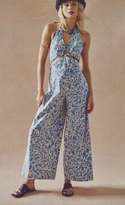 Free People Kira Jumpsuit Halter Tie Smocked Waist Mod Print Blue White XL NWT