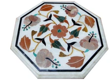 12" marble corner side table top semi precious stones inlay Handicraft art