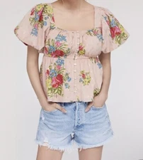 Love The Label Anthropologie Rosette Babydoll Blouse Top Floral Printed Sz M NWT