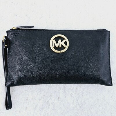 MICHAEL KORS Black Pebble Leather Jet Set Large Travel Clutch