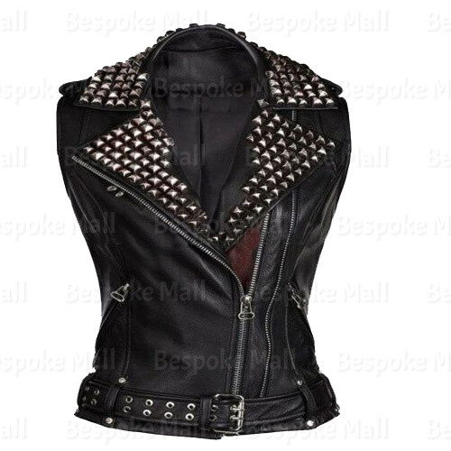 New Women's Black Silver Studded Brando Classic Cowhide Biker Leather Vest-854 - Picture 1 of 3