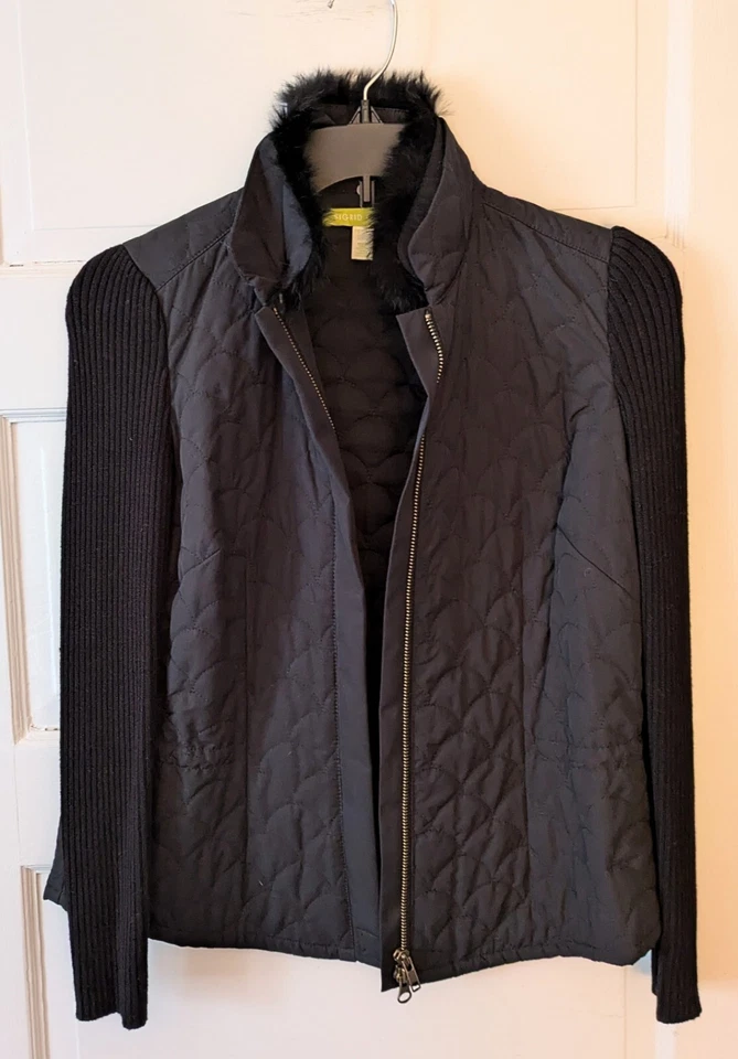 Chaqueta Sigrid Olsen Talla P Negra Acolchada Cremallera Completa Desprende Cuello de Piel de Conejo Genuino Foto 2 de 4