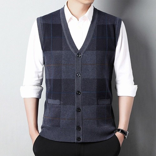 Men's Sleeveless V Neck Plaid Cardigan Sweater Vest with Knitted Waistcoat Tops