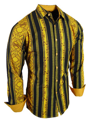 Mens Shirt Luxury Floral Italian Print Stripes NEW Stretch Slim Fit Button Up