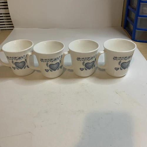 Corning Ware Corelle Blue Hearts Pattern Coffee Mugs Set of 4, Made in USA