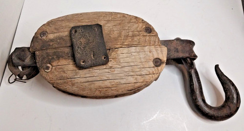 ANTIQUE WOOD & IRON HOOK & PULLEY, FREE SHIPPING