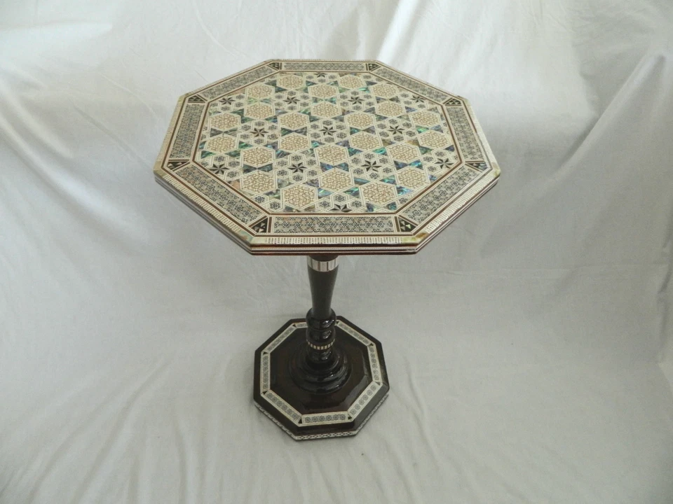 1 Egyptian Inlaid Mother Pearl Paua Wood Table Octagon 17.25" Diameter X 24"High - Image 2 of 4