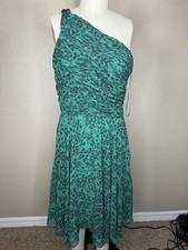 Halston Heritage Emerald Animal Print Sz 12 One-Shoulder Ruched Chiffon Dress