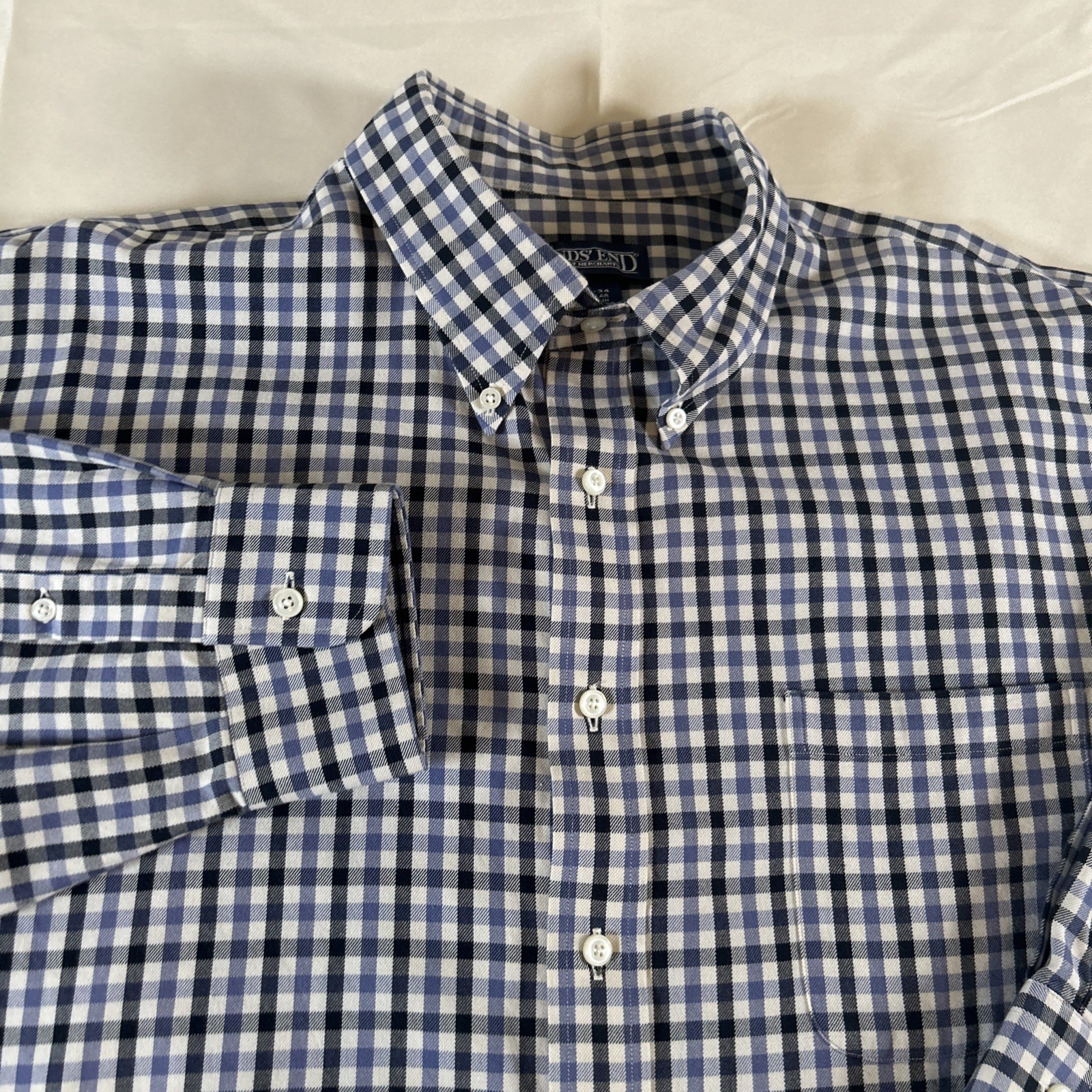 Lands End Mens Shirt,17.5 - 34, Button Down,Long Sleeve, 100% Cotton, Blue Plaid
