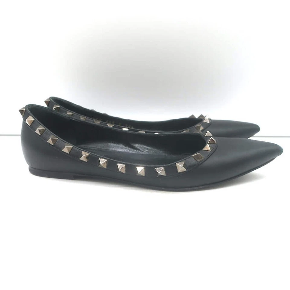 Valentino Noir Rockstud Punta Punta Ballet Pisos Cuero Negro Talla 35.5 Foto 3 de 4