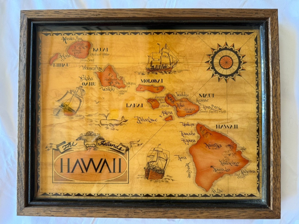 Vintage Hawaiian Islands Map framed K & S Hawaiian Creations Made
