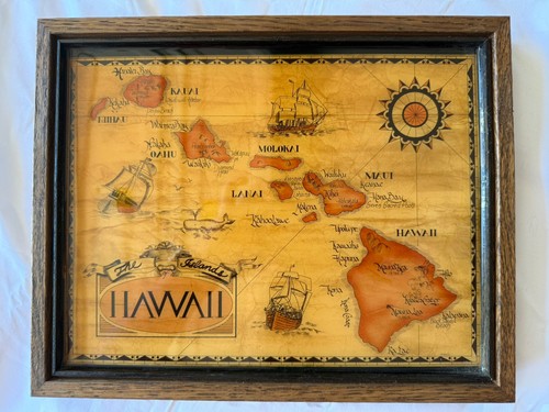 Vintage Hawaiian Islands Map framed K & S Hawaiian Creations Made in Honolulu