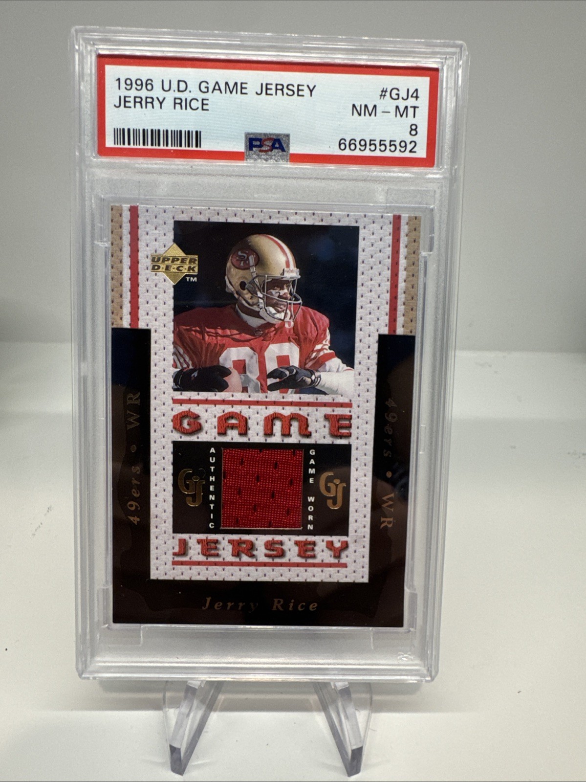 JERRY RICE 1996 UPPER DECK GAME JERSEY CARD #GJ4  AUTHENTIC GAME WORN