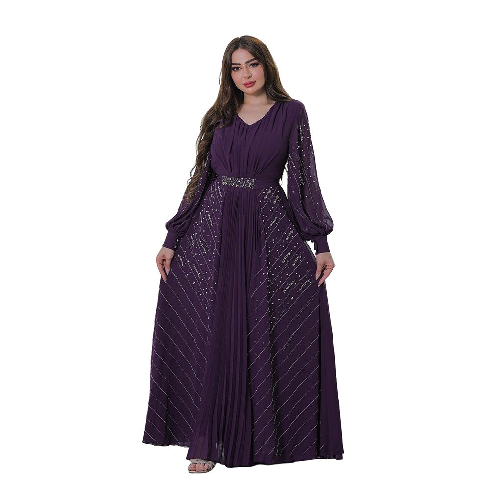 knee length dresses for ladies Puane Islamic Women's Turkish Long Corduroy Patchwork Dress 481702 Blue/  Green