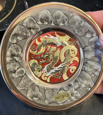 Chokin 24kt Gold trim Dragon Plate Ornamental decorative Trinket Dish W Stand 4''