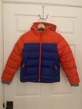 Eddie Bauer Kids 7/8 Down Winter Jacket Fleece Lined Hooded Orange Blue