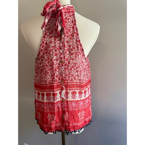 THML Floral Halter Top Red White Sleeveless Pom Pom Trim Tie Back Closure - Picture 4 of 7