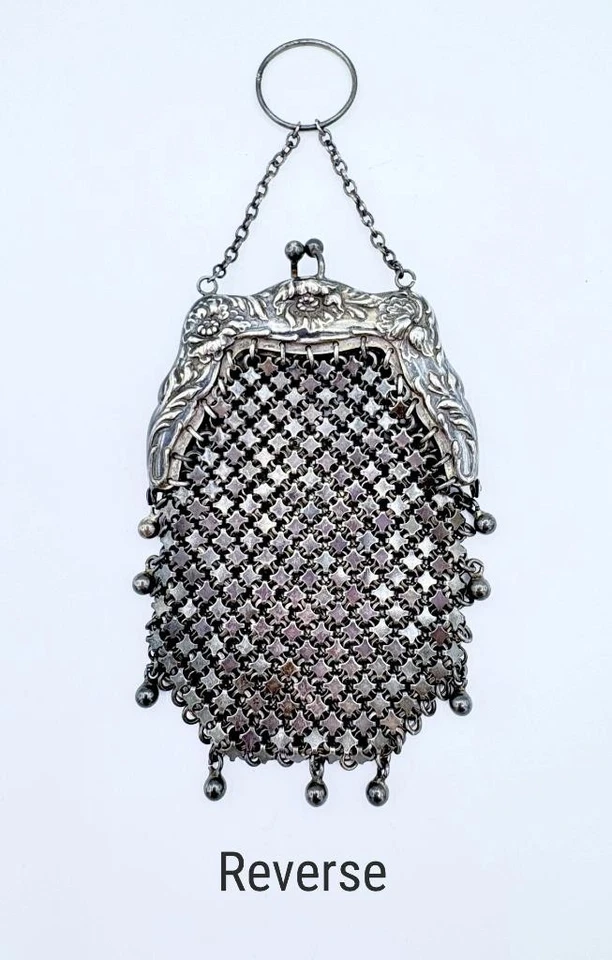 Antique Art Nouveau Whiting & Davis Sterling Silver Mesh Chatelaine Purse - Image 3 of 4