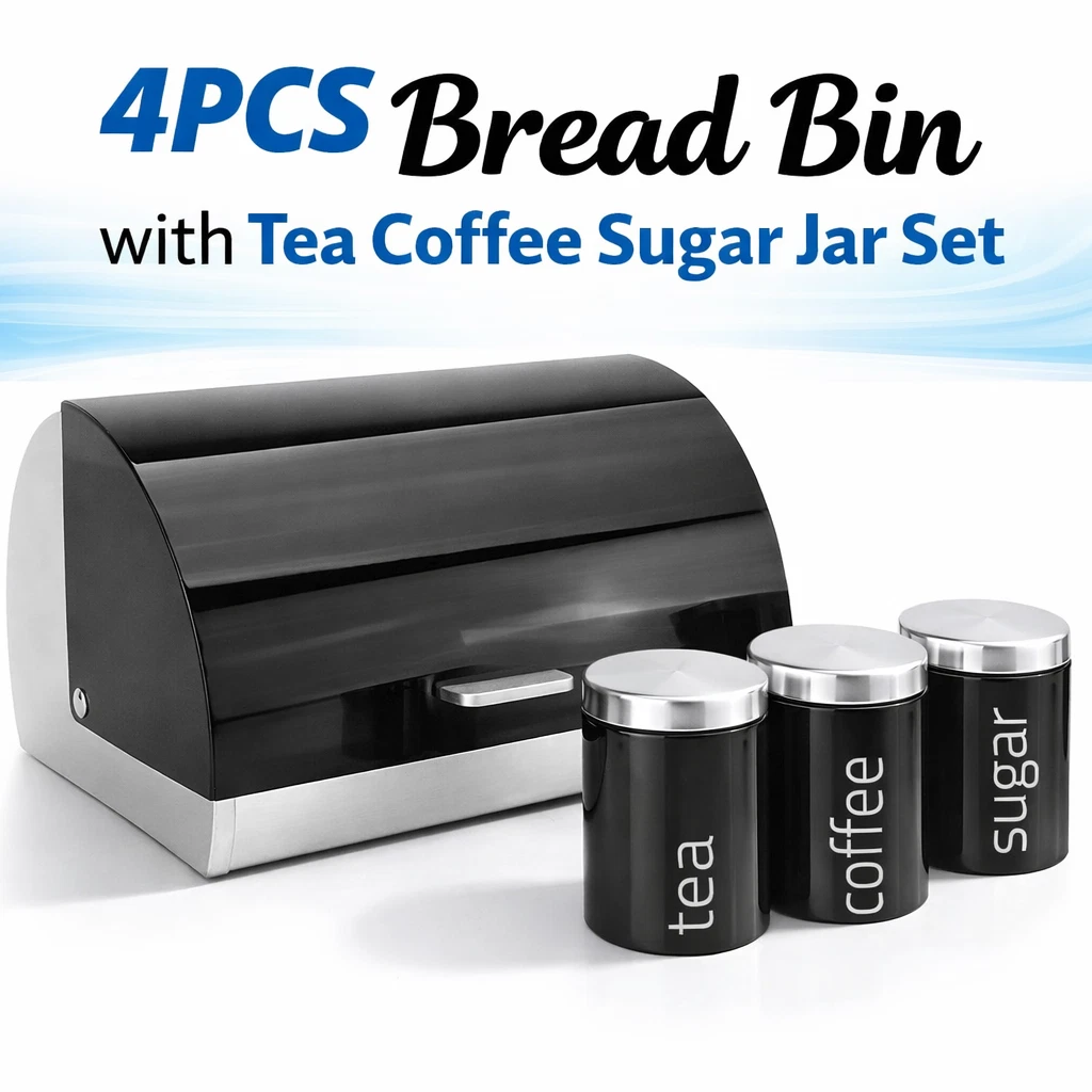 Stylish 4Pc Kitchen Tea Coffee Sugar Bread Bin Set Storage Tins Canister Lid Jar
Opens in a new wind