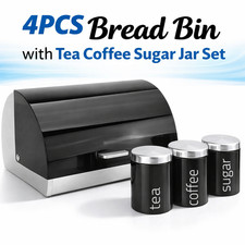 Stylish 4Pc Kitchen Tea Coffee Sugar Bread Bin Set Storage Tins Canister Lid Jar