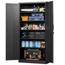 Metal Garage Storage Cabinet 72" Tall Steel Locker 5-Shelf Black w/ Lock