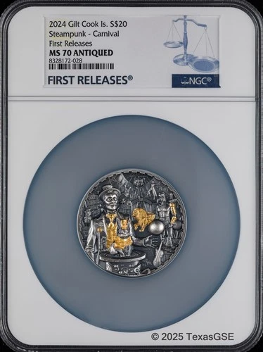 2024 Cook Islands Gilt Silver 3oz $20 Steampunk- Carnival NGC MS70 First Release
