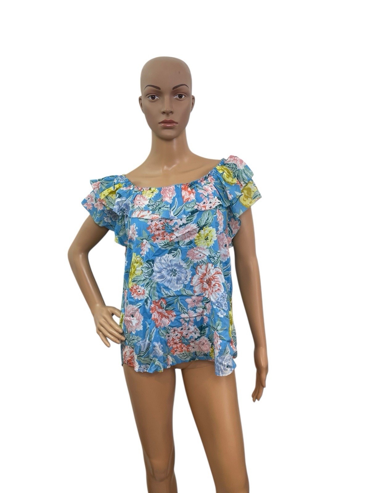 Loft Women’s ’s Size Medium Short Sleeve Round Ruffle Neck Blue Floral Blouse