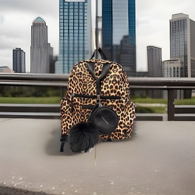 TAHARI Chic Leopard Backpack With Black Change Purse Fur Pom Pom Lightweight