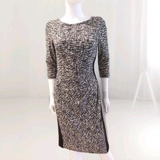 Lauren Ralph Lauren Black White Print 3/4 Sleeve Ruched Lined Dress Size 4