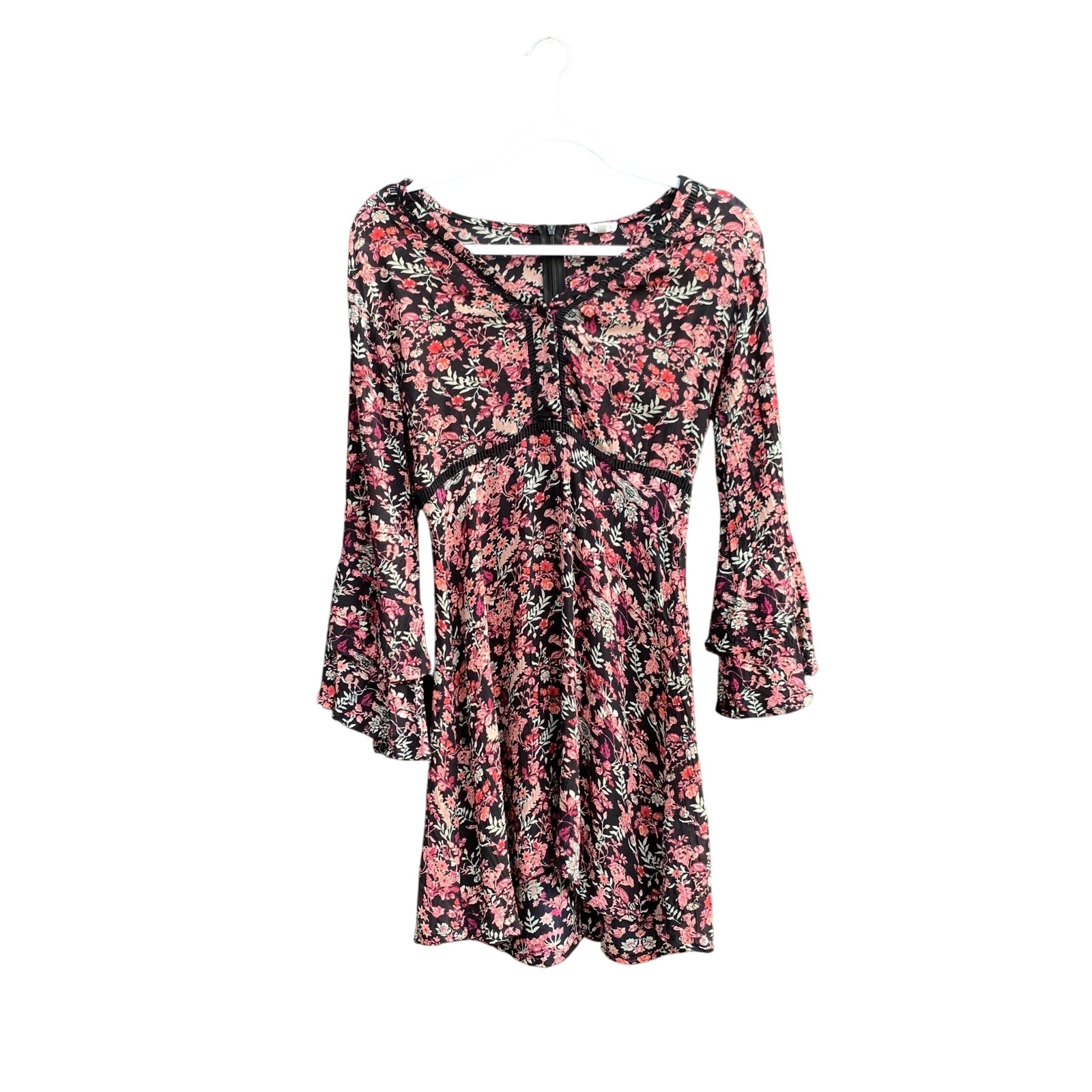 En Creme Dress Womens Small Black Floral Boho Bell Sleeve Mini Tunic