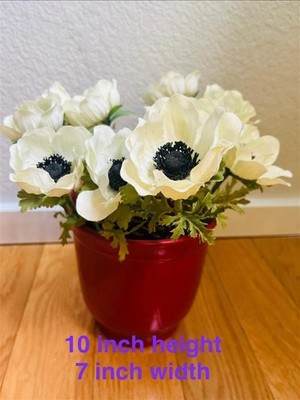 Artificial White Anemone Silk Flowers in Red Ceramic Pot Faux Floral Arrangement