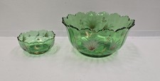 Vintage Northwood Emerald Green Glass Scalloped Bowls Set Gold Enamel Floral