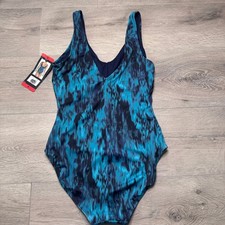 TYR Womens Controlfit One Piece Swimsuit Teal Blue Abstract UPF 50 Size M NWT
