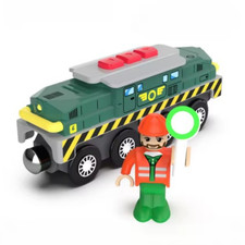 Kids Magnetic Electric Train Locomotive Wooden Track Toy Set Green Tank