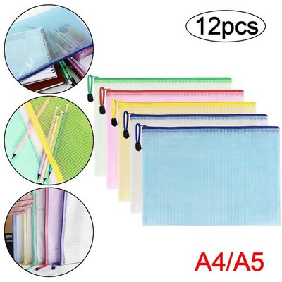 PVC Mesh Zipper File Bags 12pcs Waterproof Document Storage for Office Use