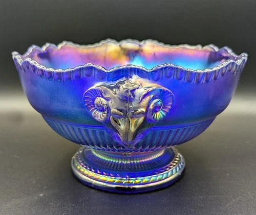 Vintage Imperial Glass Cobalt Blue Carnival Rams Head Bowl Beautiful!