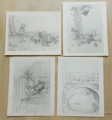 4 x Winnie the Pooh Illustrations by Artist E. H. Shepard, 4 Original Drawings