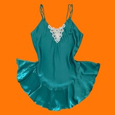 90's vintage teal satin white lace lingerie slip dress MEDIUM cinema etoile