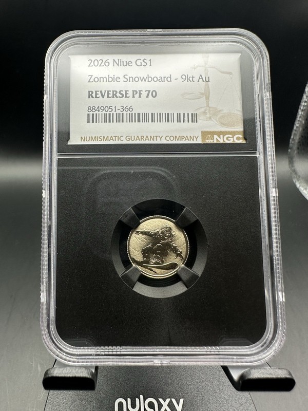 2026 Niue G$1 Zombie Snowboard 1 Gram 9kt Gold Coin NGC Reverse PF 70 RP Perfect