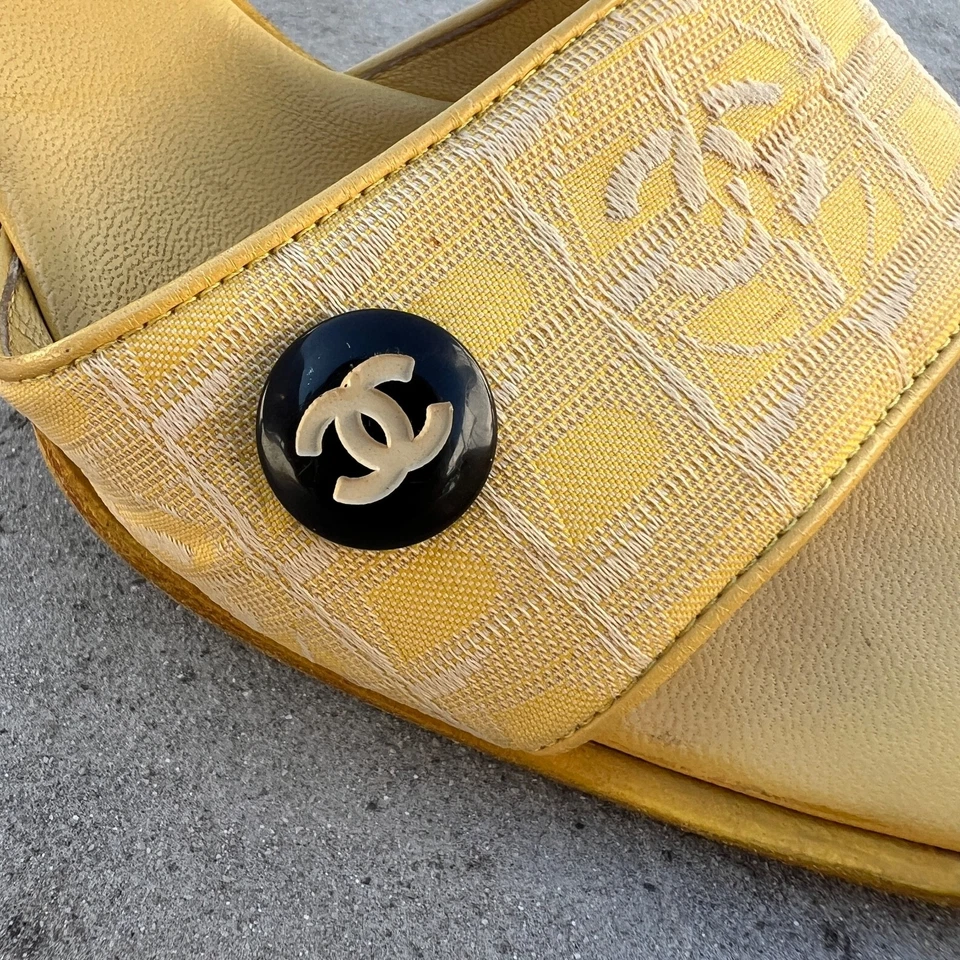 Chanel | Authentic Vintage Yellow Canvas CC Logo Black CC Button Mules (34.5) - Image 3 of 4