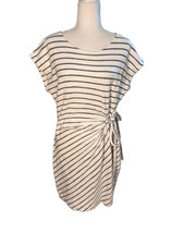 LOFT white and gray striped knit cotton faux wrap dress with cap sleeves - M